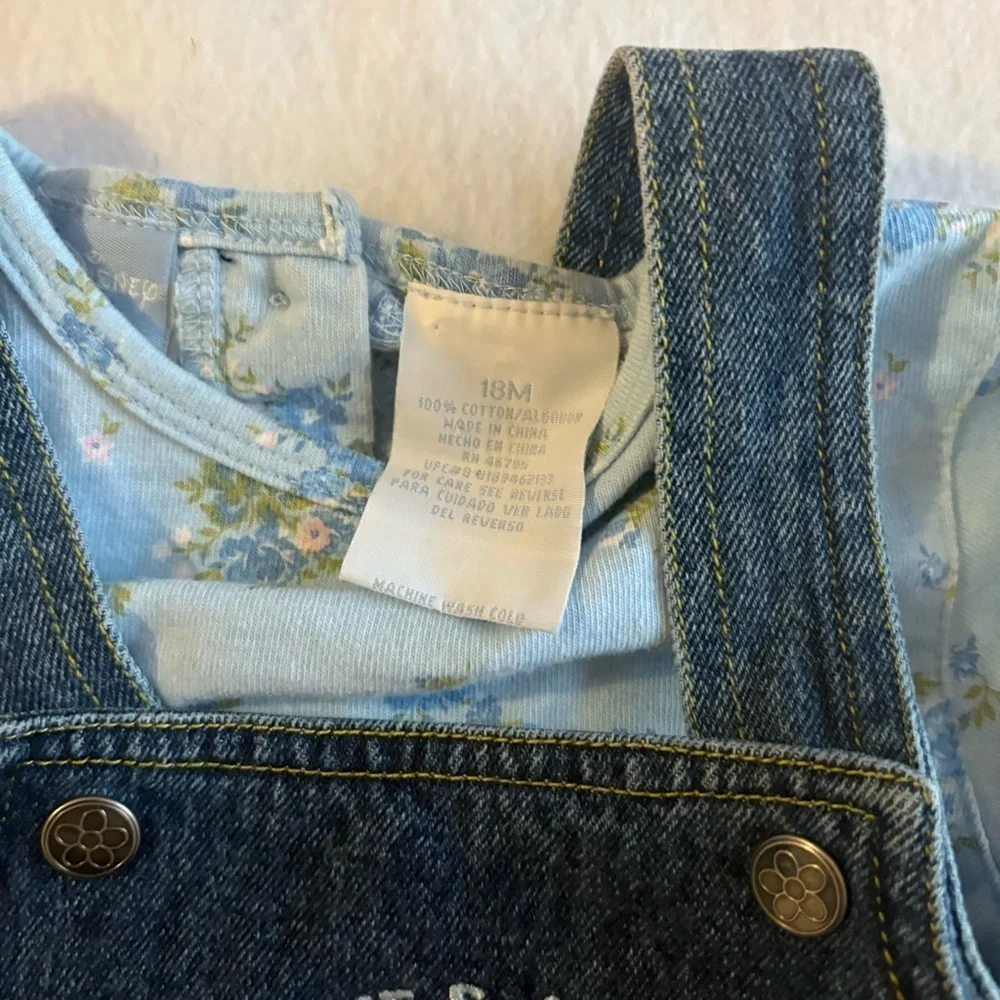 Vintage Kids Mickey + Minnie Denim Overall Dress + Shirt Matching Set Size 18M